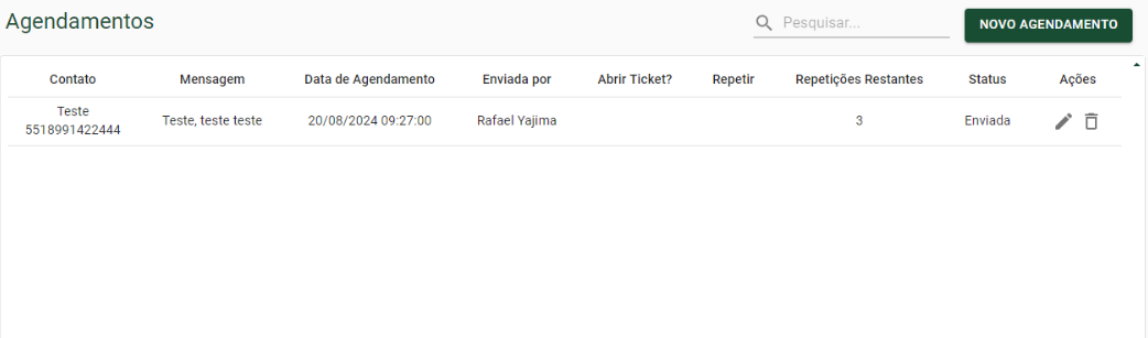 Interface de agendamentos mostrando lista de mensagens agendadas