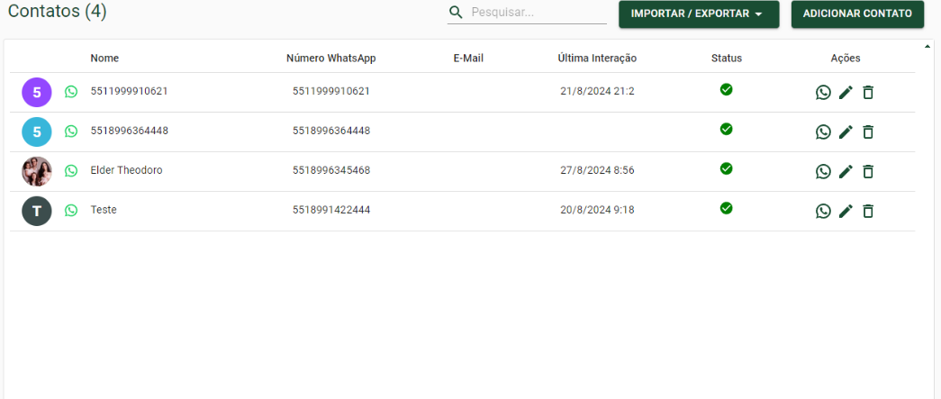 Interface de lista de contatos mostrando informações detalhadas dos contatos